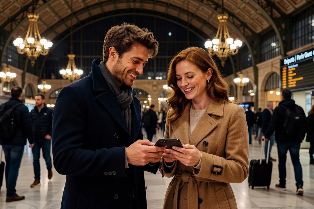 Couple souriant échangeant leurs numéros de téléphone dans le hall d’une gare la nuit