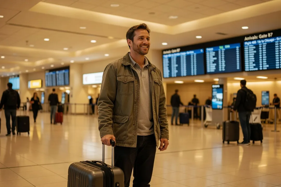 Un homme dans un aéroport tenant une valise, souriant en attendant quelqu’un