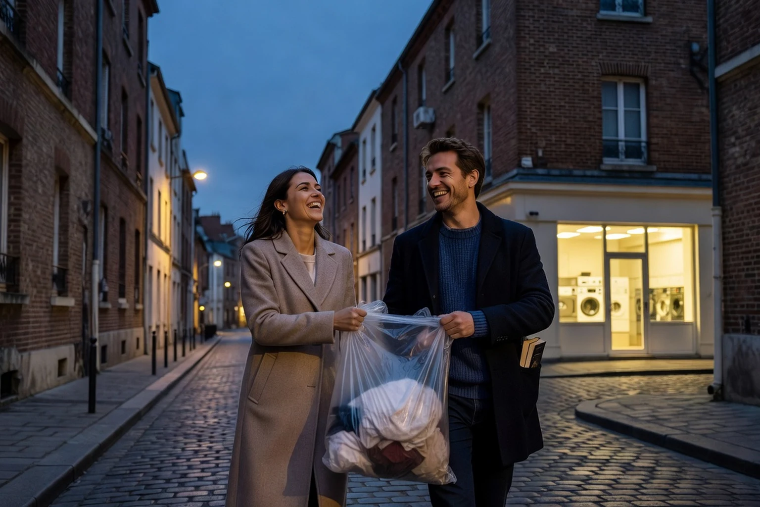 Un couple marche côte à côte le long d'une rue de quartier au crépuscule, le même sac de linge porté à deux