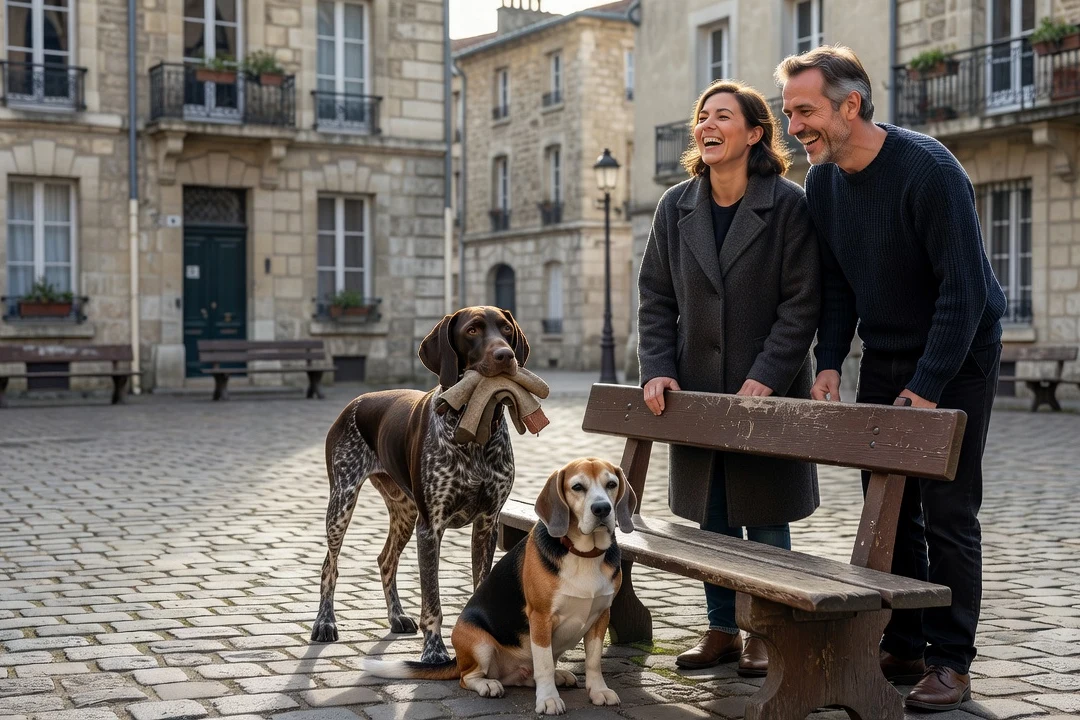 Un jeune chien brun apporte une balle à une vieille beagle devant un banc de square, leurs maîtres debout à côté en train de rire