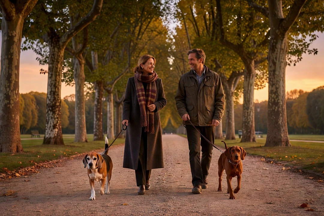 Un couple marche côte à côte sur un chemin de parc au crépuscule, tenant chacun une laisse, les deux chiens devant eux