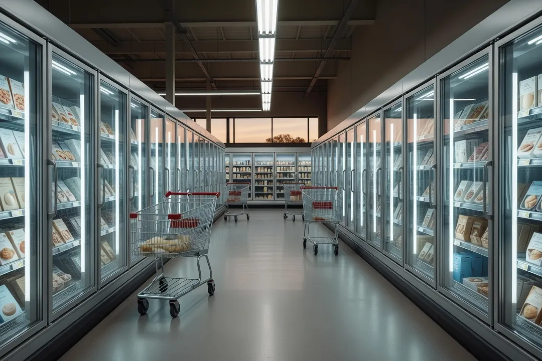 Rayon de supermarché avec des chariots, ambiance de fin de journée