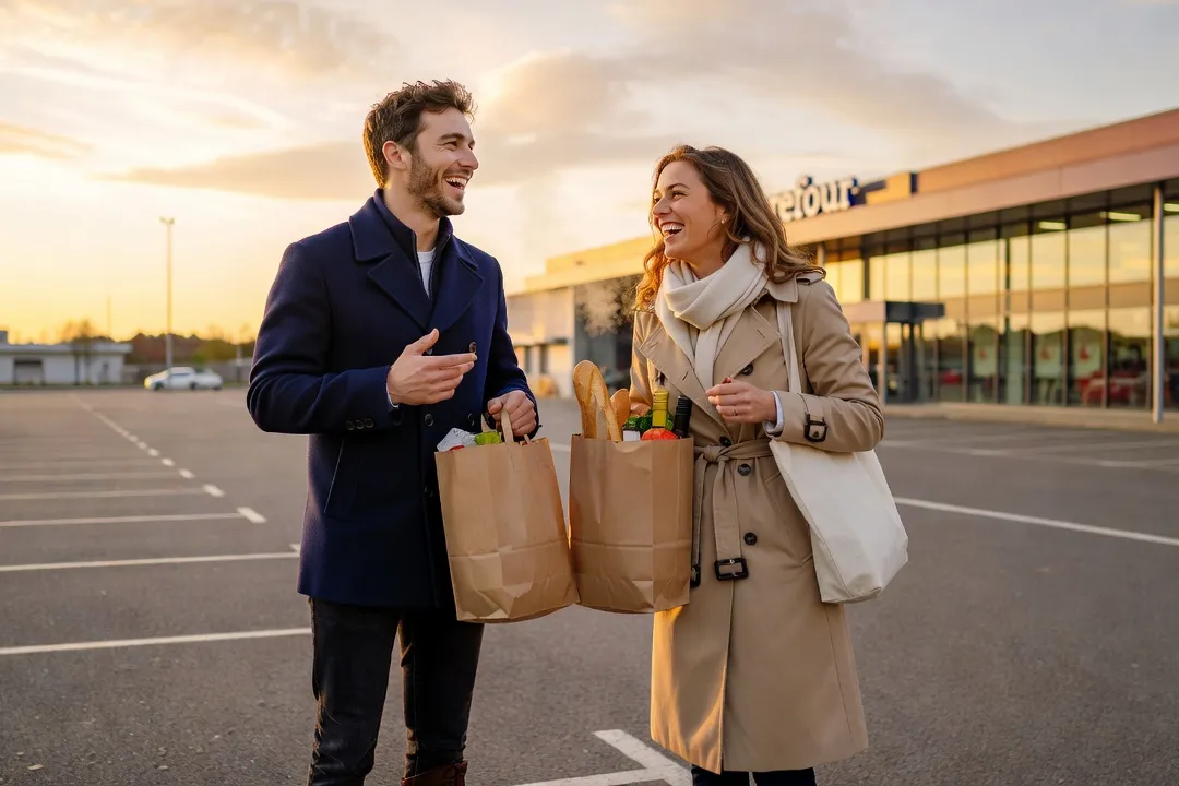 Couple discutant avec des sacs de courses sur un parking de supermarché au coucher du soleil