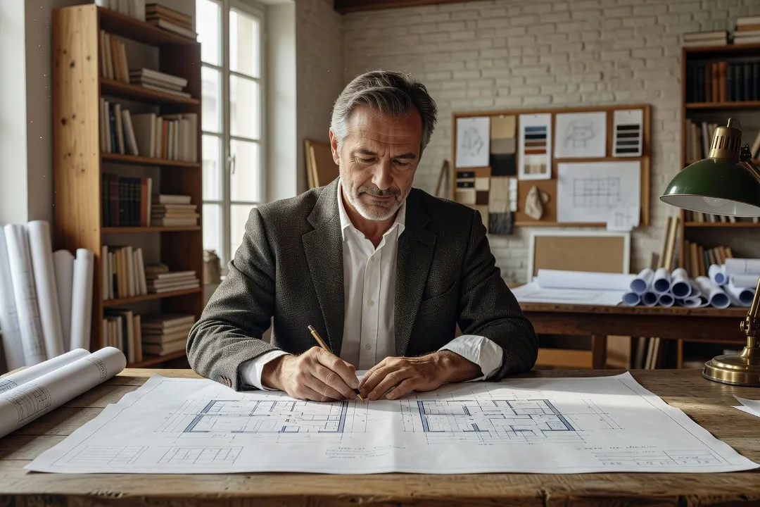 Un homme d’âge mûr en train de dessiner des plans dans un atelier d’architecte lumineux