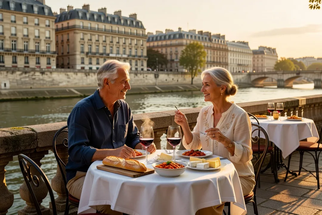 Un couple d’âge mûr partageant un repas convivial sur une terrasse en bord de rivière