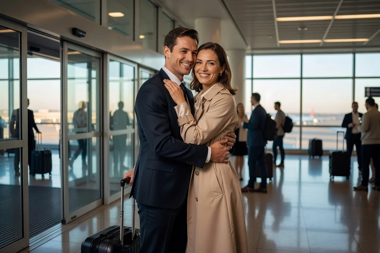 Un couple s’enlaçant avec émotion aux arrivées d’un aéroport