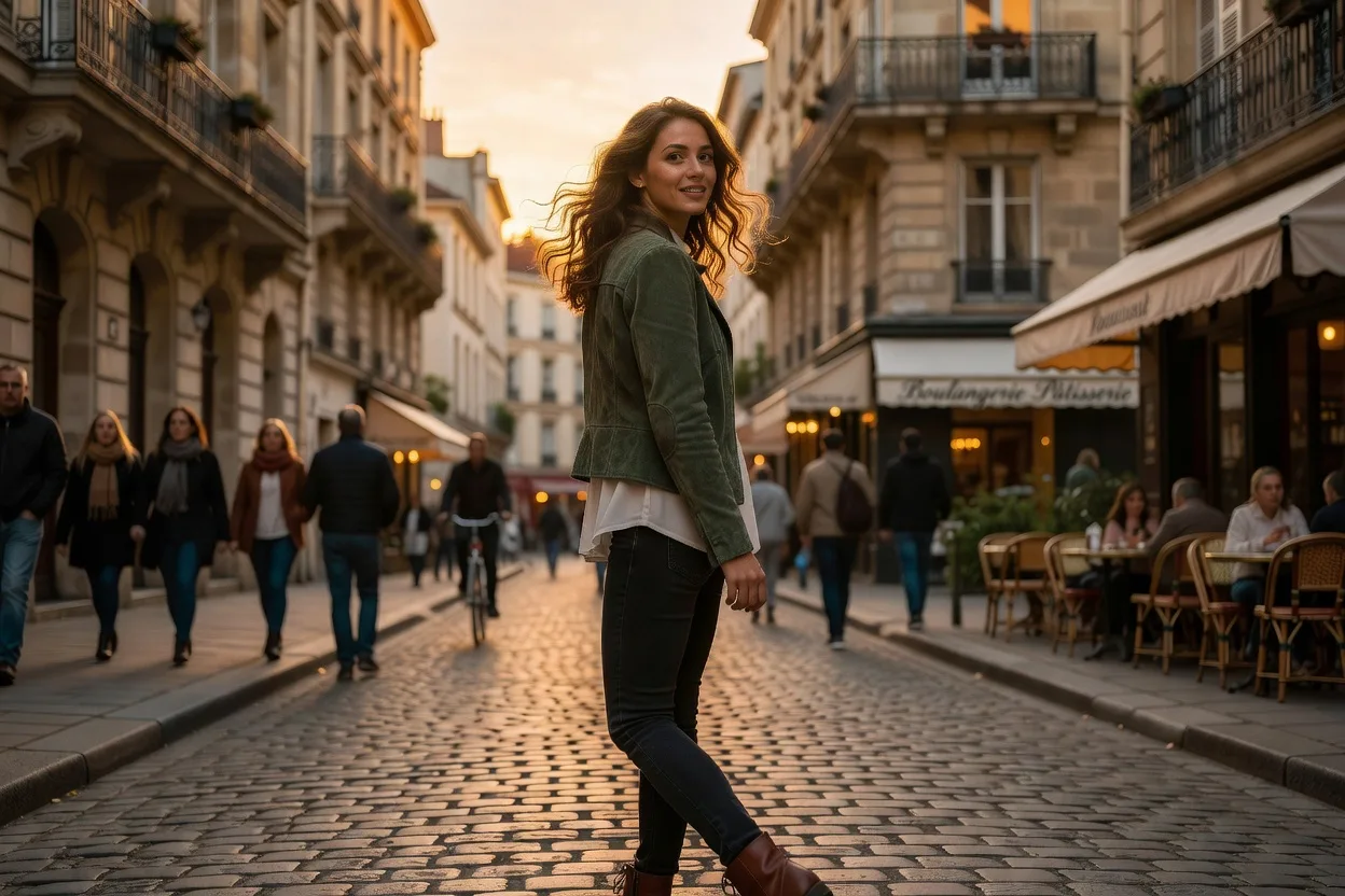Une femme se retournant avec un sourire curieux en croisant quelqu’un dans une rue animée