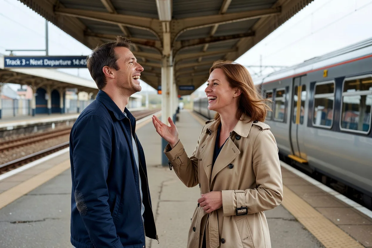 Deux personnes en pleine conversation animée sur un quai de gare
