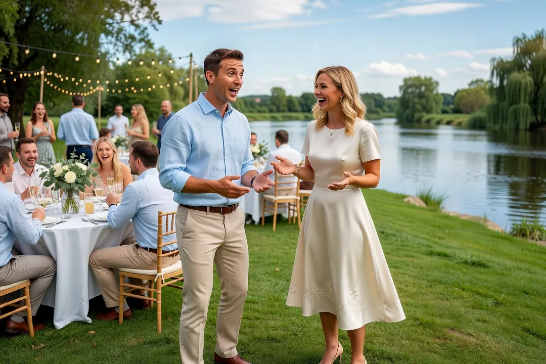 Un couple discutant avec surprise et sourire lors d’un mariage en extérieur au bord de l’eau