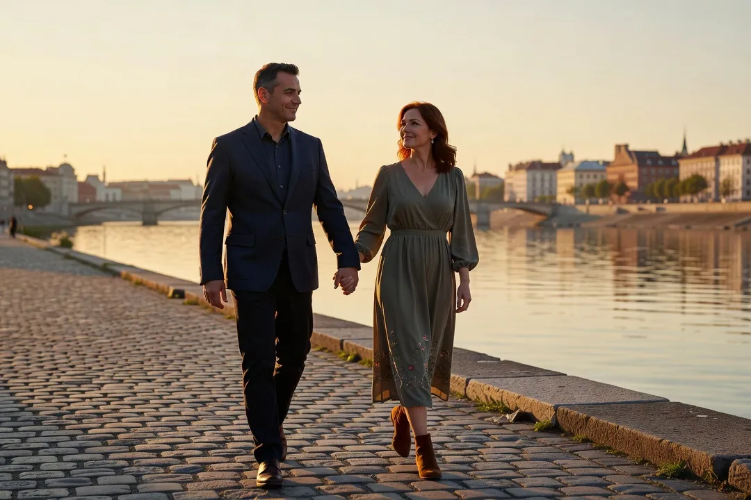 Un couple marchant main dans la main le long d’un quai en bord de rivière, lumière du soir
