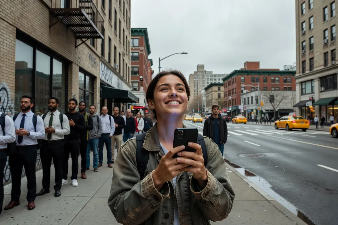 Personne souriante levant les yeux de son téléphone dans une file d’attente, ambiance urbaine