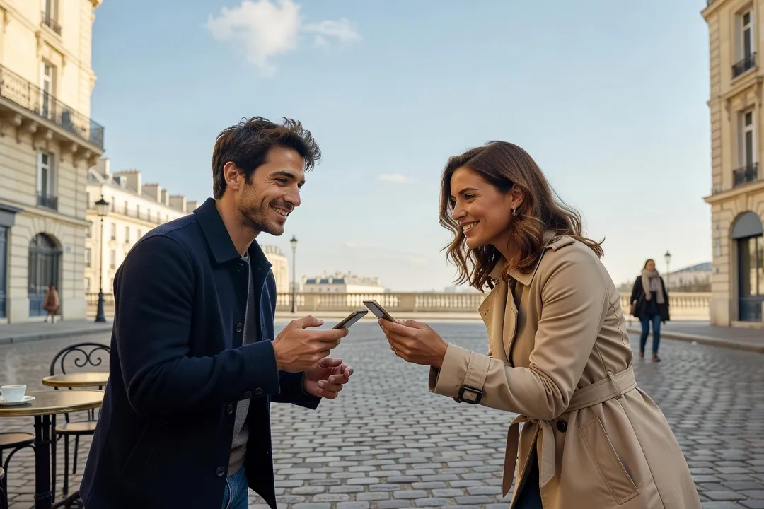 Deux personnes échangeant leurs coordonnées avec le sourire, ambiance décontractée