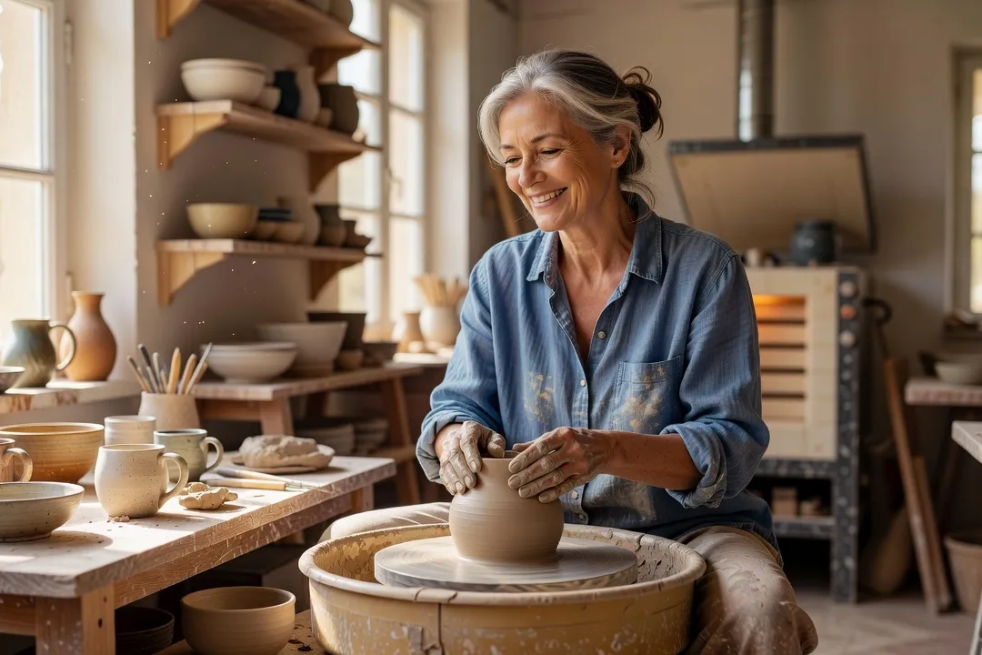 Une femme d’âge mûr souriante dans un atelier de céramique, les mains couvertes d’argile