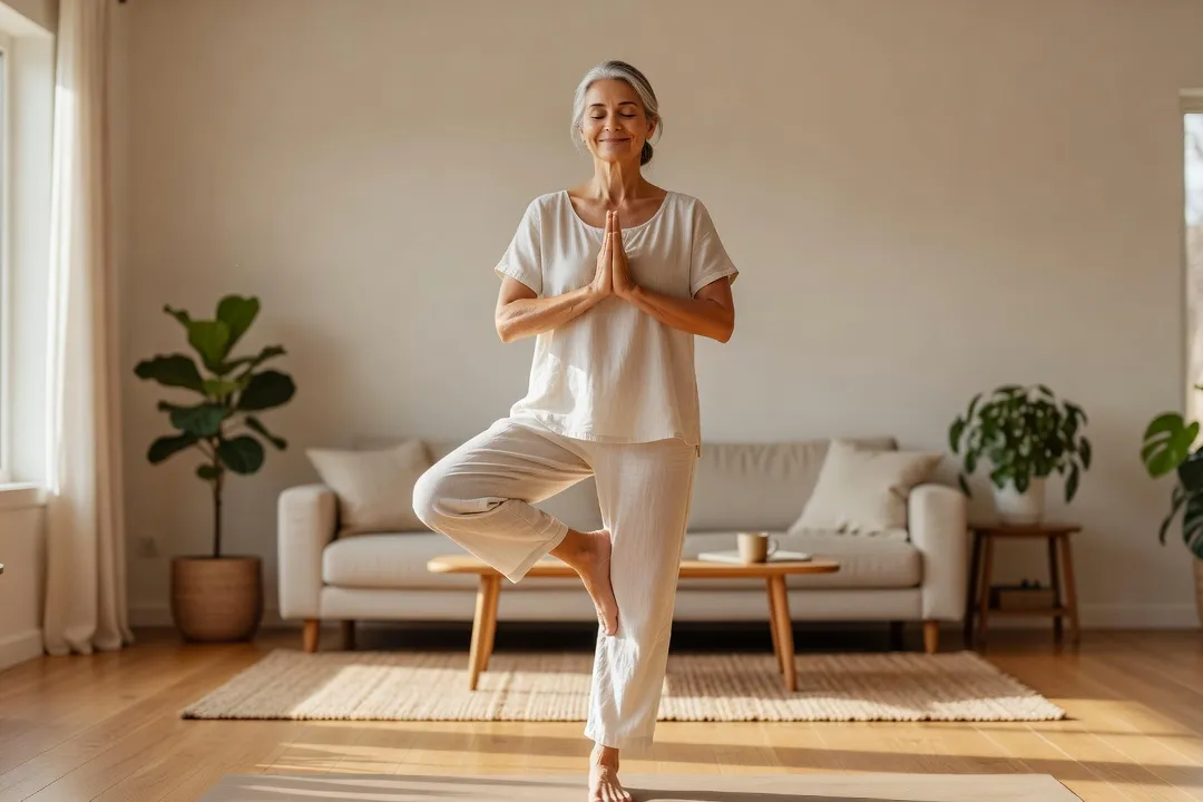 Une femme d’âge mûr pratiquant le yoga seule dans un salon baigné de lumière naturelle