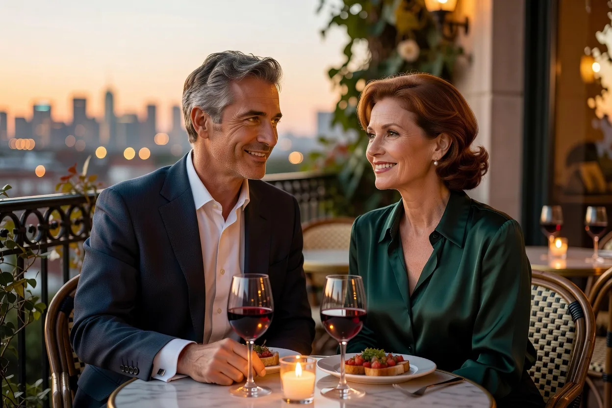 Un couple à la cinquantaine souriant lors d’un premier rendez-vous en terrasse
