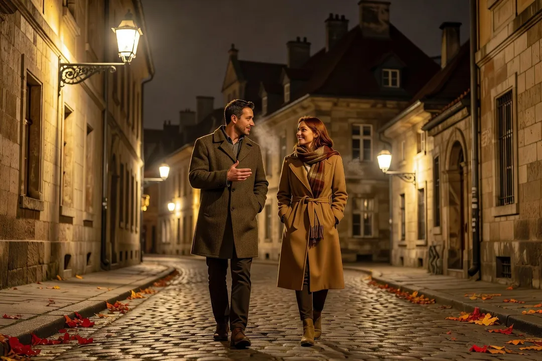 Un homme et une femme marchant côte à côte dans une rue éclairée le soir, en pleine conversation