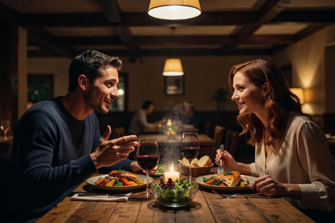 Un couple partageant un repas dans un restaurant chaleureux, en pleine discussion animée