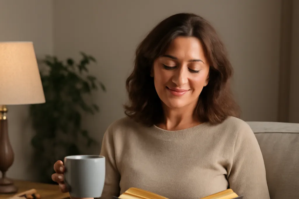 Une femme lit un livre sur son canapé, une tasse à la main, dans un salon éclairé par une lampe